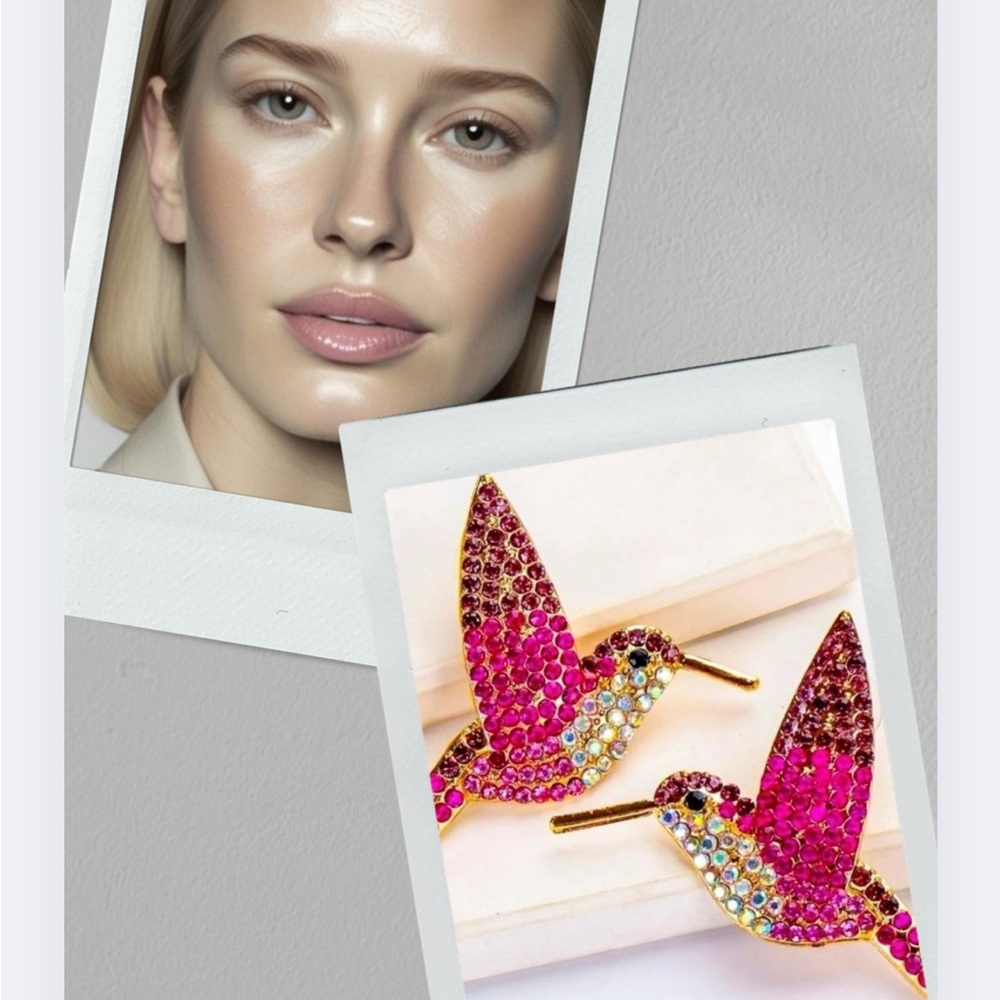 Sparkly Pink Rhinestone Humming Bird Statement Earrings